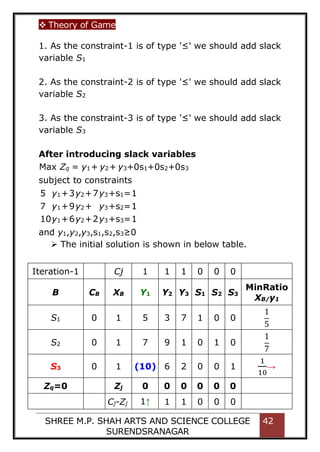  Theory of Game
SHREE M.P. SHAH ARTS AND SCIENCE COLLEGE
SURENDSRANAGAR
42
1. As the constraint-1 is of type '≤' we should add slack
variable S1
2. As the constraint-2 is of type '≤' we should add slack
variable S2
3. As the constraint-3 is of type '≤' we should add slack
variable S3
After introducing slack variables
Iteration-1 Cj 1 1 1 0 0 0
B CB XB Y1 Y2 Y3 S1 S2 S3
MinRatio
XB/y1
S1 0 1 5 3 7 1 0 0
1
5
S2 0 1 7 9 1 0 1 0
1
7
S3 0 1 (10) 6 2 0 0 1
1
10
→
Zq=0 Zj 0 0 0 0 0 0
Cj-Zj 1↑ 1 1 0 0 0
Max Zq = y1+ y2+ y3+0s1+0s2+0s3
subject to constraints
5 y1+3y2+7y3+s1=1
7 y1+9y2+ y3+s2=1
10y1+6y2+2y3+s3=1
and y1,y2,y3,s1,s2,s3≥0
 The initial solution is shown in below table.
 