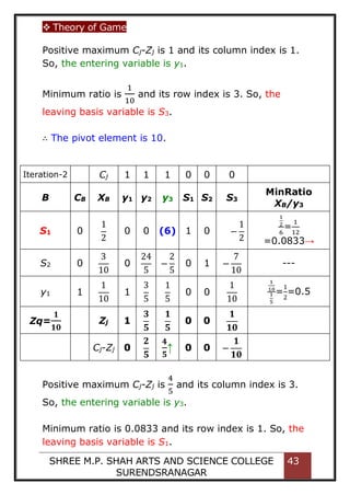  Theory of Game
SHREE M.P. SHAH ARTS AND SCIENCE COLLEGE
SURENDSRANAGAR
43
Positive maximum Cj-Zj is 1 and its column index is 1.
So, the entering variable is y1.
Minimum ratio is
1
10
and its row index is 3. So, the
leaving basis variable is S3.
∴ The pivot element is 10.
Iteration-2 Cj 1 1 1 0 0 0
B CB XB y1 y2 y3 S1 S2 S3
MinRatio
XB/y3
S1 0
1
2
0 0 (6) 1 0 −
1
2
1
2
6
=
1
12
=0.0833→
S2 0
3
10
0
24
5
−
2
5
0 1 −
7
10
---
y1 1
1
10
1
3
5
1
5
0 0
1
10
1
10
1
5
=
1
2
=0.5
Zq=
𝟏
𝟏𝟎
Zj 1
𝟑
𝟓
𝟏
𝟓
0 0
𝟏
𝟏𝟎
Cj-Zj 0
𝟐
𝟓
𝟒
𝟓
↑ 0 0 −
𝟏
𝟏𝟎
Positive maximum Cj-Zj is
4
5
and its column index is 3.
So, the entering variable is y3.
Minimum ratio is 0.0833 and its row index is 1. So, the
leaving basis variable is S1.
 