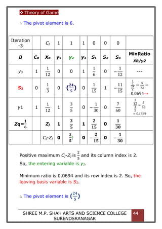  Theory of Game
SHREE M.P. SHAH ARTS AND SCIENCE COLLEGE
SURENDSRANAGAR
44
∴ The pivot element is 6.
Iteration
-3
Cj 1 1 1 0 0 0
B CB XB y1 y2 y3 S1 S2 S3
MinRatio
XB/y2
y3 1
1
12
0 0 1
1
6
0 −
1
12
---
S2 0
1
3
0 (
𝟐𝟒
𝟓
) 0
1
15
1 −
11
15
1
3
24
5
=
5
72
=
0.0694→
y1 1
1
12
1
3
5
0 −
1
30
0
7
60
1
12
3
5
=
5
36
= 0.1389
Zq=
𝟏
𝟔
Zj 1
𝟑
𝟓
1
𝟐
𝟏𝟓
0
𝟏
𝟑𝟎
Cj-Zj 0
𝟐
𝟓
↑ 0 −
𝟐
𝟏𝟓
0 −
𝟏
𝟑𝟎
Positive maximum Cj-Zj is
2
5
and its column index is 2.
So, the entering variable is y2.
Minimum ratio is 0.0694 and its row index is 2. So, the
leaving basis variable is S2.
∴ The pivot element is (
𝟐𝟒
𝟓
)
 