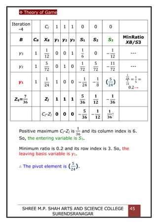  Theory of Game
SHREE M.P. SHAH ARTS AND SCIENCE COLLEGE
SURENDSRANAGAR
45
Iteration
-4
Cj 1 1 1 0 0 0
B CB XB y1 y2 y3 S1 S2 S3
MinRatio
XB/S3
y3 1
1
12
0 0 1
1
6
0 −
1
12
---
y2 1
5
72
0 1 0
1
72
5
72
−
11
72
---
y1 1
1
24
1 0 0 −
1
24
−
1
8
(
𝟓
𝟐𝟒
)
1
24
5
24
=
1
5
=
0.2→
Zq=
𝟕
𝟑𝟔
Zj 1 1 1
𝟓
𝟑𝟔
𝟏
𝟏𝟐
−
𝟏
𝟑𝟔
Cj-Zj 0 0 0 −
𝟓
𝟑𝟔
−
𝟏
𝟏𝟐
𝟏
𝟑𝟔
↑
Positive maximum Cj-Zj is
1
36
and its column index is 6.
So, the entering variable is S3.
Minimum ratio is 0.2 and its row index is 3. So, the
leaving basis variable is y1.
∴ The pivot element is (
𝟓
𝟐𝟒
).
 