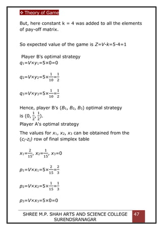 Theory of Game
SHREE M.P. SHAH ARTS AND SCIENCE COLLEGE
SURENDSRANAGAR
47
But, here constant k = 4 was added to all the elements
of pay-off matrix.
So expected value of the game is Z=V-k=5-4=1
Player B's optimal strategy
q1=V×y1=5×0=0
q2=V×y2=5×
1
10
=
1
2
q3=V×y3=5×
1
10
=
1
2
Hence, player B's (B1, B2, B3) optimal strategy
is (0,
1
2
,
1
2
).
Player A's optimal strategy
The values for x1, x2, x3 can be obtained from the
(cj-zj) row of final simplex table
x1=
2
15
, x2=
1
15
, x3=0
p1=V×x1=5×
2
15
=
2
3
p2=V×x2=5×
1
15
=
1
3
p3=V×x3=5×0=0
 