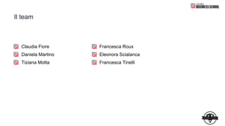 Il team
Claudia Fiore
Daniela Martino
Tiziana Motta
Francesca Roux
Eleonora Scialanca
Francesca Tinelli
 