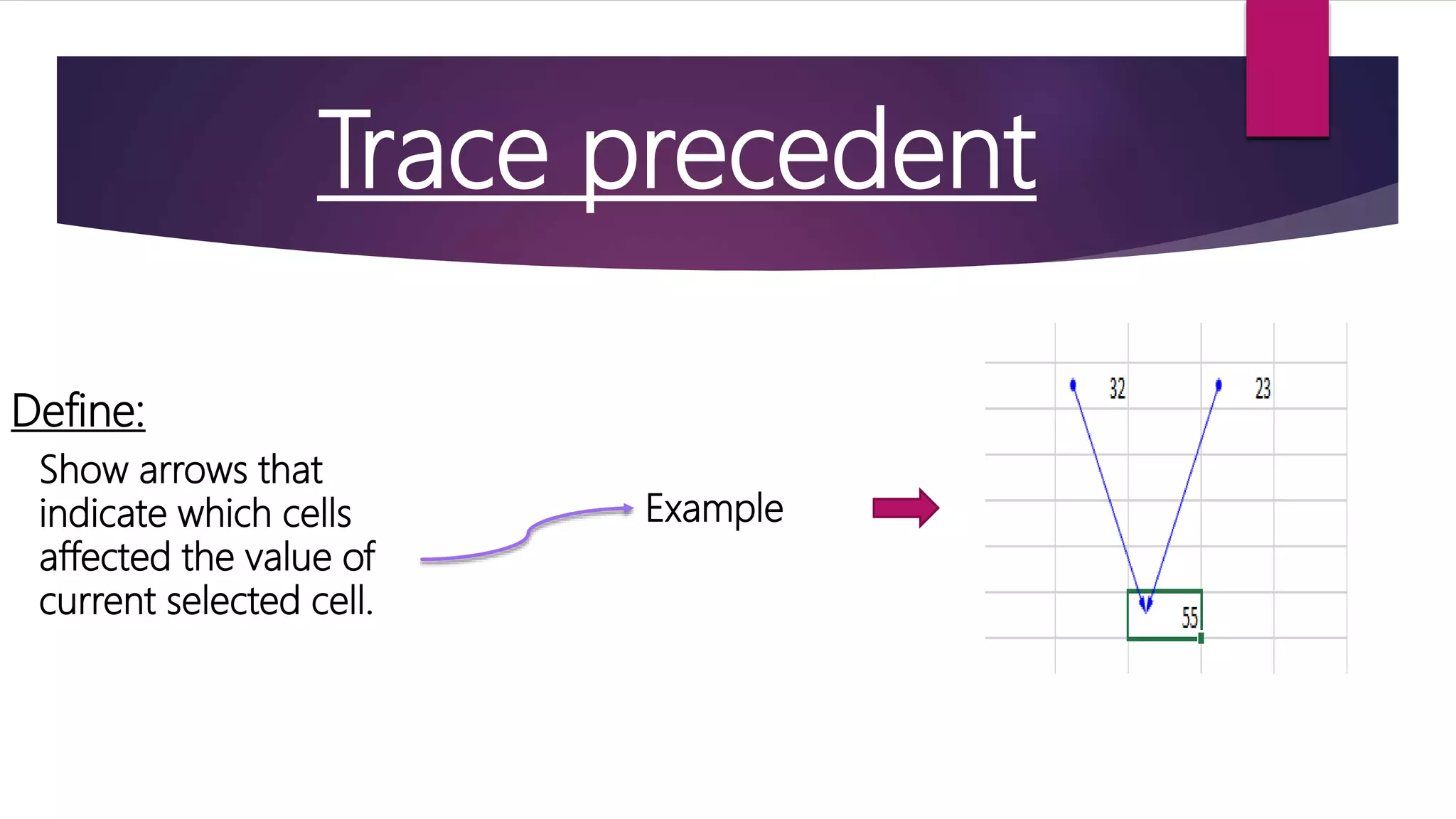 Trace precedent Show arrows that indicate which cells affected the value of current selected cell. Example Define: 