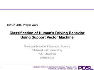 Classification of Human’s Driving Behavior
Using Support Vector Machine
Graduate School of Information Science
Edahiro & Kato Laboratory
Yuki Kitsukawa
yuki@ertl.jp
1
RWDA 2015: Project Work
 