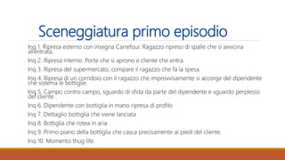 Sceneggiatura primo episodio
Inq 1. Ripresa esterno con insegna Carrefour. Ragazzo ripreso di spalle che si avvicina
all’entrata.
Inq 2. Ripresa interno. Porte che si aprono e cliente che entra.
Inq 3. Ripresa del supermercato, compare il ragazzo che fa la spesa.
Inq 4. Ripresa di un corridoio con il ragazzo che improvvisamente si accorge del dipendente
che sistema le bottiglie.
Inq 5. Campo contro campo, sguardo di sfida da parte del dipendente e sguardo perplesso
del cliente.
Inq 6. Dipendente con bottiglia in mano ripresa di profilo
Inq 7. Dettaglio bottiglia che viene lanciata
Inq 8. Bottiglia che rotea in aria
Inq 9. Primo piano della bottiglia che casca precisamente ai piedi del cliente.
Inq 10. Momento thug life.
 