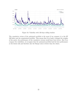 Figure 16: Volatility with 120 days rolling window
The cumulative return of the optimized portfolio is the worst if we compare it to the SP
500 Index and the unoptimized portfolio. This means that if we hadn’t changed the weights
of the assets, the performance of the cumulative returns would have been better. But if we
compare the volatilities, we recognize that the optimized portfolio had the best performance
or the lowest risk and therefore also the Sharpe ratio is better than the others.
22
 