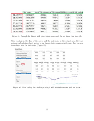 Figure 31: Example for format with green frame names and the red frame time intervals.
After reading in, the data of the assets and the indicators, in the output area, they are
automatically displayed and plotted in log format, in the upper area the asset data outputs
in the lower area the indicators. (Figure 32)
Figure 32: After loading data and separating it with semicolon shown with red arrow.
32
 