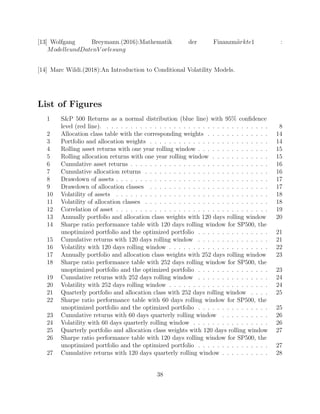 [13] Wolfgang Breymann.(2016):Mathematik der Finanzm¨arkte1 :
ModelleundDatenV orlesung
[14] Marc Wildi.(2018):An Introduction to Conditional Volatility Models.
List of Figures
1 S&P 500 Returns as a normal distribution (blue line) with 95% conﬁdence
level (red line). . . . . . . . . . . . . . . . . . . . . . . . . . . . . . . . . . . 8
2 Allocation class table with the corresponding weights . . . . . . . . . . . . . 14
3 Portfolio and allocation weights . . . . . . . . . . . . . . . . . . . . . . . . . 14
4 Rolling asset returns with one year rolling window . . . . . . . . . . . . . . . 15
5 Rolling allocation returns with one year rolling window . . . . . . . . . . . . 15
6 Cumulative asset returns . . . . . . . . . . . . . . . . . . . . . . . . . . . . . 16
7 Cumulative allocation returns . . . . . . . . . . . . . . . . . . . . . . . . . . 16
8 Drawdown of assets . . . . . . . . . . . . . . . . . . . . . . . . . . . . . . . . 17
9 Drawdown of allocation classes . . . . . . . . . . . . . . . . . . . . . . . . . 17
10 Volatility of assets . . . . . . . . . . . . . . . . . . . . . . . . . . . . . . . . 18
11 Volatility of allocation classes . . . . . . . . . . . . . . . . . . . . . . . . . . 18
12 Correlation of asset . . . . . . . . . . . . . . . . . . . . . . . . . . . . . . . . 19
13 Annually portfolio and allocation class weights with 120 days rolling window 20
14 Sharpe ratio performance table with 120 days rolling window for SP500, the
unoptimized portfolio and the optimized portfolio . . . . . . . . . . . . . . . 21
15 Cumulative returns with 120 days rolling window . . . . . . . . . . . . . . . 21
16 Volatility with 120 days rolling window . . . . . . . . . . . . . . . . . . . . . 22
17 Annually portfolio and allocation class weights with 252 days rolling window 23
18 Sharpe ratio performance table with 252 days rolling window for SP500, the
unoptimized portfolio and the optimized portfolio . . . . . . . . . . . . . . . 23
19 Cumulative returns with 252 days rolling window . . . . . . . . . . . . . . . 24
20 Volatility with 252 days rolling window . . . . . . . . . . . . . . . . . . . . . 24
21 Quarterly portfolio and allocation class with 252 days rolling window . . . . 25
22 Sharpe ratio performance table with 60 days rolling window for SP500, the
unoptimized portfolio and the optimized portfolio . . . . . . . . . . . . . . . 25
23 Cumulative returns with 60 days quarterly rolling window . . . . . . . . . . 26
24 Volatility with 60 days quarterly rolling window . . . . . . . . . . . . . . . . 26
25 Quarterly portfolio and allocation class weights with 120 days rolling window 27
26 Sharpe ratio performance table with 120 days rolling window for SP500, the
unoptimized portfolio and the optimized portfolio . . . . . . . . . . . . . . . 27
27 Cumulative returns with 120 days quarterly rolling window . . . . . . . . . . 28
38
 
