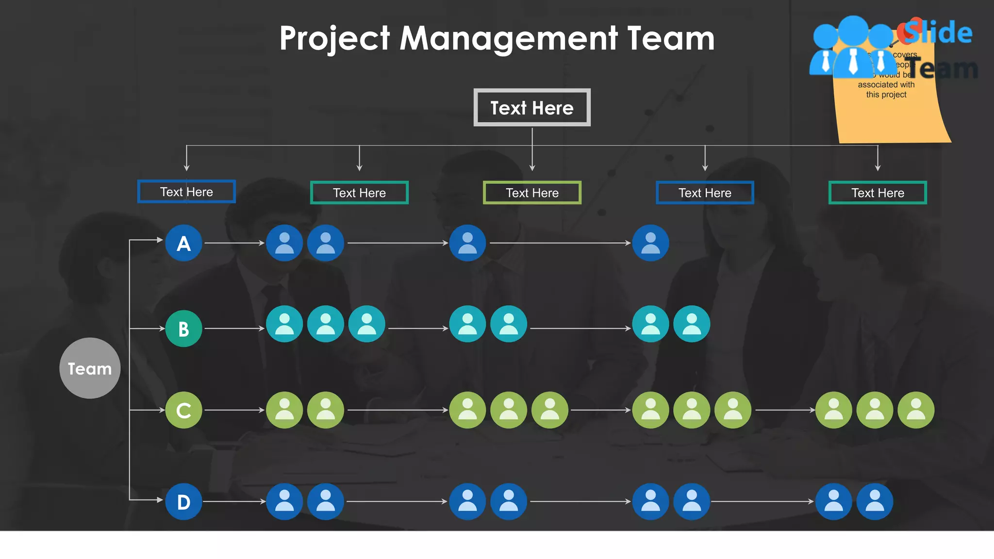 Project Management Team
Text Here
Text Here
Text Here Text Here Text Here
Text Here
D
C
B
A
Team
This slide is 100% editable. Adapt it to your needs and capture your audience's attention.
This slide covers
all those people
who would be
associated with
this project
15
 