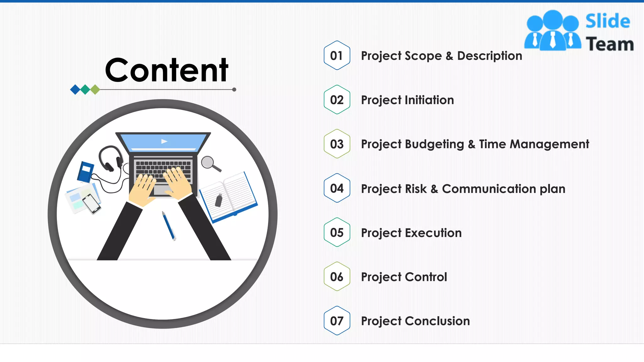 2
Project Scope & Description
01
Project Initiation
02
Project Budgeting & Time Management
03
Project Risk & Communication plan
04
Project Execution
05
Project Control
06
Project Conclusion
07
Content
This slide is 100% editable. Adapt it to your needs and capture your audience's attention.
 
