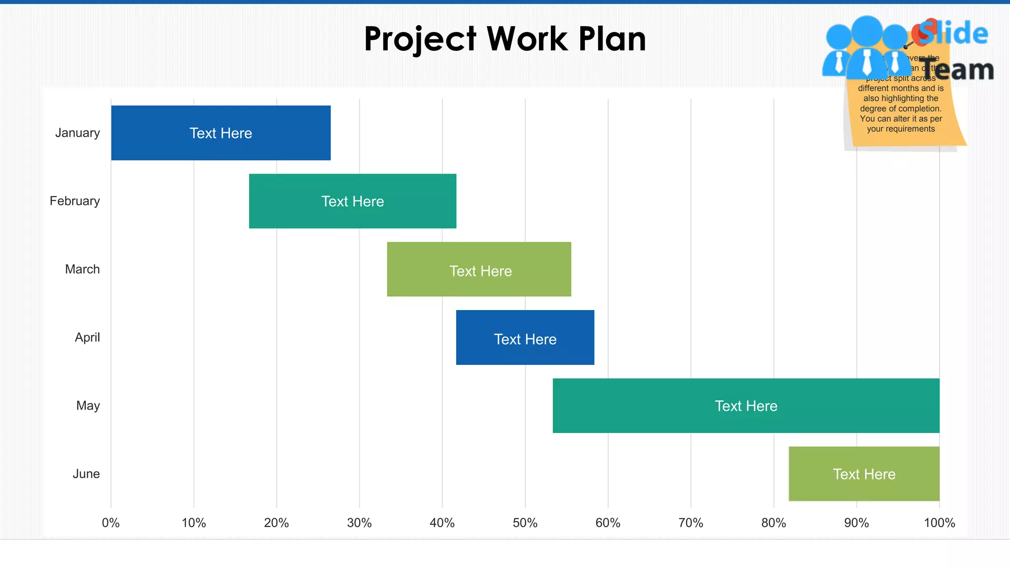 Project Work Plan
32
Text Here
Text Here
Text Here
Text Here
Text Here
Text Here
0% 10% 20% 30% 40% 50% 60% 70% 80% 90% 100%
June
May
April
March
February
January
This slide covers the
entire work plan of the
project split across
different months and is
also highlighting the
degree of completion.
You can alter it as per
your requirements
This slide is 100% editable. Adapt it to your needs and capture your audience's attention.
 