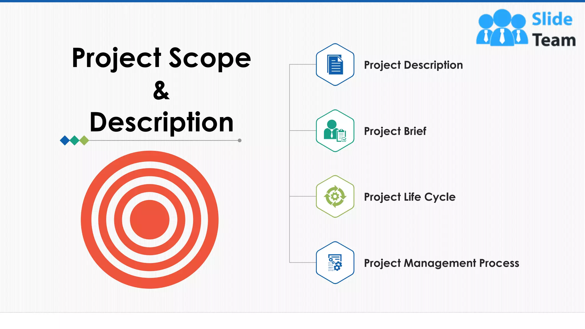 4
Project Description
Project Brief
Project Life Cycle
Project Management Process
Project Scope
&
Description
This slide is 100% editable. Adapt it to your needs and capture your audience's attention.
 
