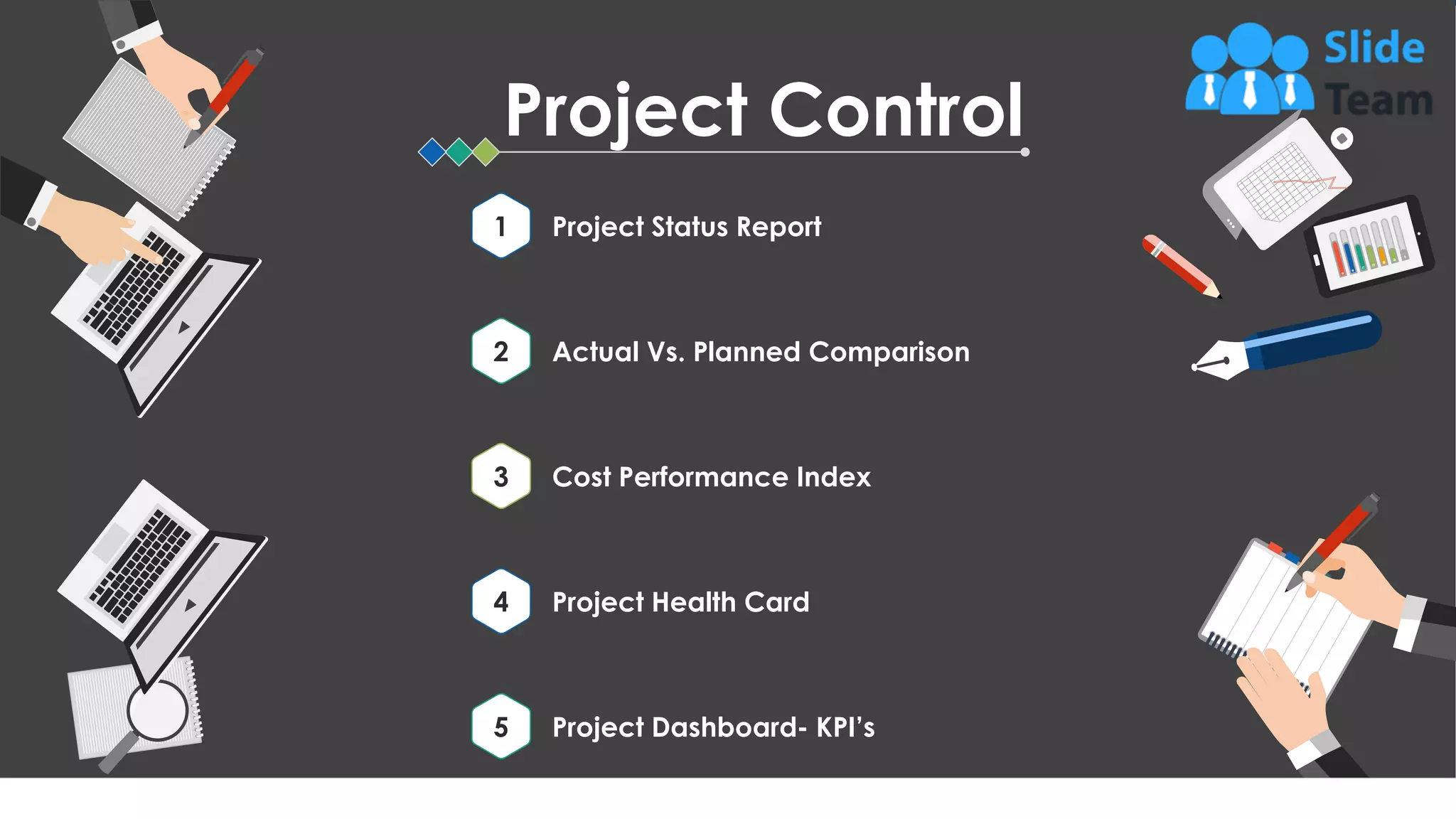 41
Project Control
Project Status Report
1
Actual Vs. Planned Comparison
2
Cost Performance Index
3
Project Health Card
4
Project Dashboard- KPI’s
5
This slide is 100% editable. Adapt it to your needs and capture your audience's attention.
 