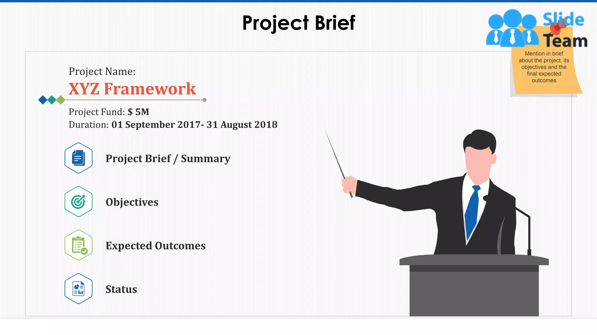 Project Brief
6
Project Brief / Summary
Objectives
Expected Outcomes
Status
Project Name:
XYZ Framework
Project Fund: $ 5M
Duration: 01 September 2017- 31 August 2018
Mention in brief
about the project, its
objectives and the
final expected
outcomes
This slide is 100% editable. Adapt it to your needs and capture your audience's attention.
 