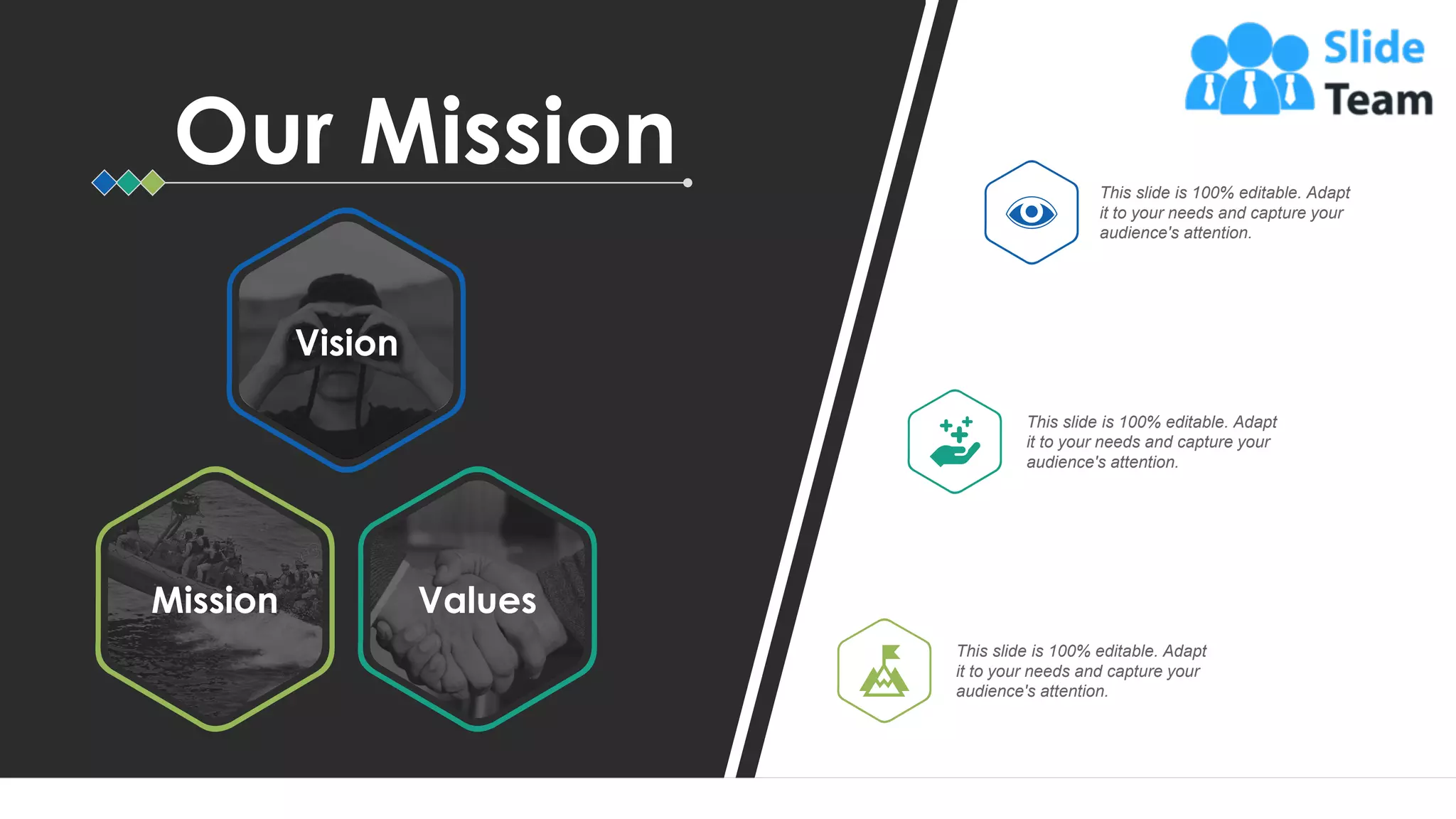 This slide is 100% editable. Adapt
it to your needs and capture your
audience's attention.
This slide is 100% editable. Adapt
it to your needs and capture your
audience's attention.
This slide is 100% editable. Adapt
it to your needs and capture your
audience's attention.
Our Mission
65
Vision
Mission Values
 