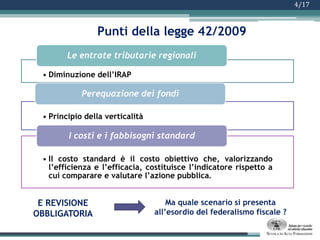 Sostituzione della spesa storica con la spesa standard.I principi fondamentali del federalismo fiscale Introduzione federalismo fiscaleLegge delega 42/2009
