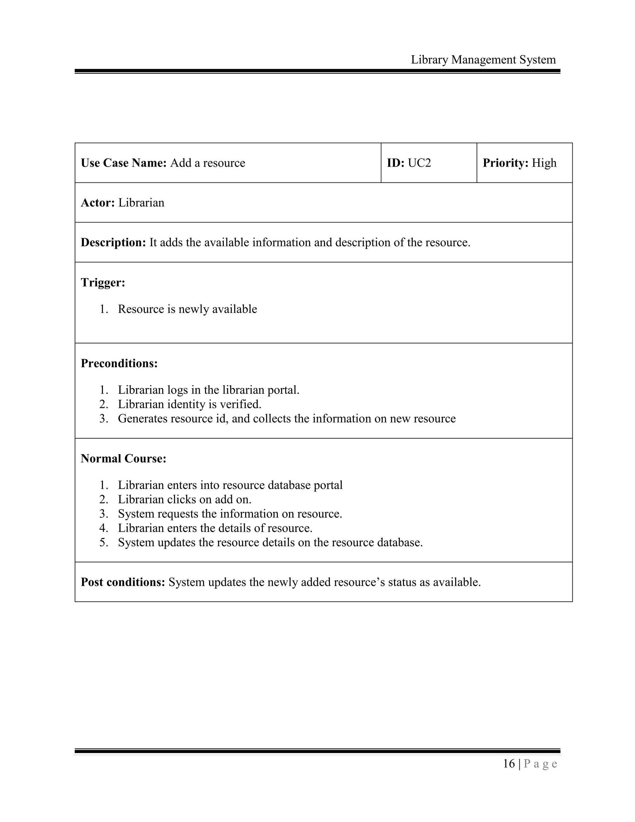 Library Management System
16 | P a g e
Use Case Name: Add a resource ID: UC2 Priority: High
Actor: Librarian
Description: It adds the available information and description of the resource.
Trigger:
1. Resource is newly available
Preconditions:
1. Librarian logs in the librarian portal.
2. Librarian identity is verified.
3. Generates resource id, and collects the information on new resource
Normal Course:
1. Librarian enters into resource database portal
2. Librarian clicks on add on.
3. System requests the information on resource.
4. Librarian enters the details of resource.
5. System updates the resource details on the resource database.
Post conditions: System updates the newly added resource’s status as available.
 
