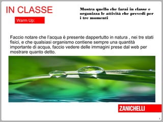 3
Mostra quello che farai in classe e
organizza le attività che prevedi per
i tre momenti
IN CLASSE
Warm Up:
Faccio notare che l’acqua è presente dappertutto in natura , nei tre stati
fisici, e che qualsiasi organismo contiene sempre una quantità
importante di acqua, faccio vedere delle immagini prese dal web per
mostrare quanto detto.
 