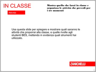 4
Mostra quello che farai in classe e
organizza le attività che prevedi per
i tre momenti
IN CLASSE
Attività:
Usa questa slide per spiegare e mostrare quali saranno le
attività che proporrai alla classe, e quelle rivolte agli
studenti BES, mettendo in evidenza quali strumenti hai
utilizzato.
 