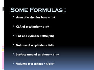 Some Formulas :
 Area of a circular base = πr²
 CSA of a cylinder = 2πrh
 TSA of a cylinder = 2πr(r+h)
 Volume of a cylinder = πr²h
 Surface area of a sphere = 4πr²
 Volume of a sphere = 4/3πr3
 