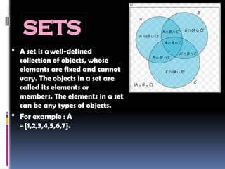 SETS
 A set is awell-defined
collection of objects, whose
elements are fixed and cannot
vary. The objects in a set are
called its elements or
members. The elements in a set
can be any types of objects.
 For example : A
={1,2,3,4,5,6,7}.
 