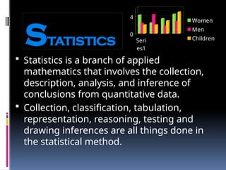 STATISTICS
 Statistics is a branch of applied
mathematics that involves the collection,
description, analysis, and inference of
conclusions from quantitative data.
 Collection, classification, tabulation,
representation, reasoning, testing and
drawing inferences are all things done in
the statistical method.
Seri
es1
0
4
Women
Men
Children
 