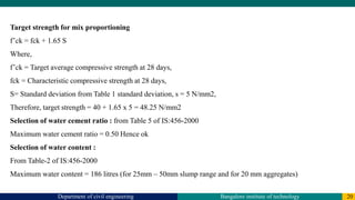 Department of civil engineering Bangalore institute of technology 20
Target strength for mix proportioning
f’ck = fck + 1.65 S
Where,
f’ck = Target average compressive strength at 28 days,
fck = Characteristic compressive strength at 28 days,
S= Standard deviation from Table 1 standard deviation, s = 5 N/mm2,
Therefore, target strength = 40 + 1.65 x 5 = 48.25 N/mm2
Selection of water cement ratio : from Table 5 of IS:456-2000
Maximum water cement ratio = 0.50 Hence ok
Selection of water content :
From Table-2 of IS:456-2000
Maximum water content = 186 litres (for 25mm – 50mm slump range and for 20 mm aggregates)
 