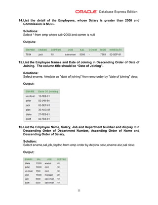 11
14.List the detail of the Employees, whose Salary is greater than 2000 and
Commission is NULL.
Solutions:
Select * from emp where sal>2000 and comm is null
Outputs:
15.List the Employee Names and Date of Joining in Descending Order of Date of
Joining. The column title should be “Date of Joining”.
Solutions:
Select ename, hiredate as "date of joining" from emp order by "date of joining" desc
Output:
16.List the Employee Name, Salary, Job and Department Number and display it in
Descending Order of Department Number, Ascending Order of Name and
Descending Order of Salary.
Solution:
Select ename,sal,job,deptno from emp order by deptno desc,ename asc,sal desc
Output:
 