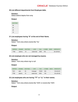 13
20.List different departments from Employee table.
Solution:
Select distinct deptno from emp
Output:
21.List employees having “S” at the end of their Name.
Solution:
Select * from emp where ename like '%s'
Output:
22.List employee who are not managed by anyone.
Solution:
Select * from emp where mgr is null
Output:
23.List employees who are having “TT” or “LL” in their names.
Solution:
Select * from emp where ename like '%tt%' or ename like '%ll%'
Output:
 