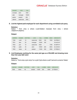 35
8. List the highest paid employee for each department using correlated sub query.
Solution:
Select * from emp e where e.sal=(Select max(sal) from emp i where
i.deptno=e.deptno)
Output:
9. List Employees working for the same job type as of BLAKE and drawing more
than him (use Self Join)
Solution:
Select e.* from emp e join emp f on e.job=f.job where e.sal>f.sal and e.ename=’blake’
Output:
 