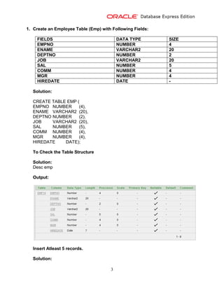 3
1. Create an Employee Table (Emp) with Following Fields:
FIELDS DATA TYPE SIZE
EMPNO NUMBER 4
ENAME VARCHAR2 20
DEPTNO NUMBER 2
JOB VARCHAR2 20
SAL NUMBER 5
COMM NUMBER 4
MGR NUMBER 4
HIREDATE DATE -
Solution:
CREATE TABLE EMP (
EMPNO NUMBER (4),
ENAME VARCHAR2 (20),
DEPTNO NUMBER (2),
JOB VARCHAR2 (20),
SAL NUMBER (5),
COMM NUMBER (4),
MGR NUMBER (4),
HIREDATE DATE);
To Check the Table Structure
Solution:
Desc emp
Output:
Insert Atleast 5 records.
Solution:
 