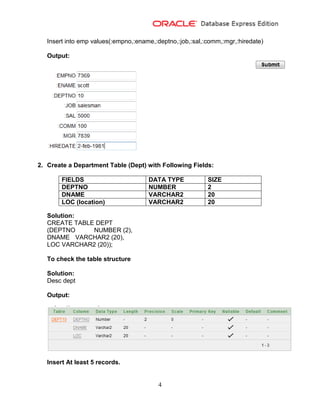 4
Insert into emp values(:empno,:ename,:deptno,:job,:sal,:comm,:mgr,:hiredate)
Output:
2. Create a Department Table (Dept) with Following Fields:
Solution:
CREATE TABLE DEPT
(DEPTNO NUMBER (2),
DNAME VARCHAR2 (20),
LOC VARCHAR2 (20));
To check the table structure
Solution:
Desc dept
Output:
Insert At least 5 records.
FIELDS DATA TYPE SIZE
DEPTNO NUMBER 2
DNAME VARCHAR2 20
LOC (location) VARCHAR2 20
 