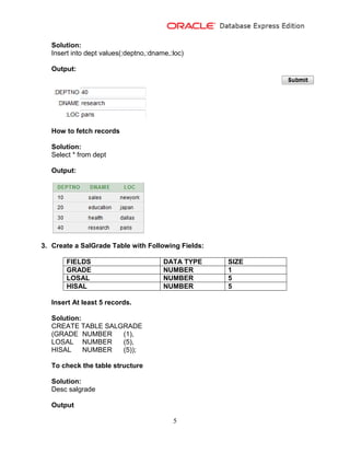 5
Solution:
Insert into dept values(:deptno,:dname,:loc)
Output:
How to fetch records
Solution:
Select * from dept
Output:
3. Create a SalGrade Table with Following Fields:
FIELDS DATA TYPE SIZE
GRADE NUMBER 1
LOSAL NUMBER 5
HISAL NUMBER 5
Insert At least 5 records.
Solution:
CREATE TABLE SALGRADE
(GRADE NUMBER (1),
LOSAL NUMBER (5),
HISAL NUMBER (5));
To check the table structure
Solution:
Desc salgrade
Output
 