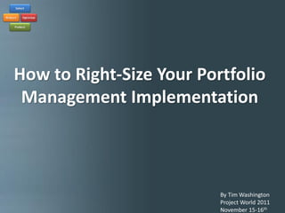 How to Right-size Your Portfolio Implementation




How to Right-Size Your Portfolio
 Management Implementation



                                             By Tim Washington
                                             Project World 2011
                                             November 15-16th
 