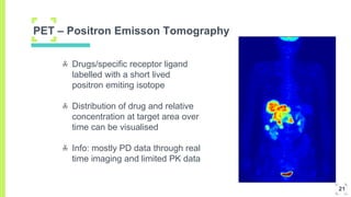 PET – Positron Emisson Tomography
Drugs/specific receptor ligand
labelled with a short lived
positron emiting isotope
Distribution of drug and relative
concentration at target area over
time can be visualised
Info: mostly PD data through real
time imaging and limited PK data
21
 