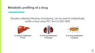 Metabolic profiling of a drug
Samples collected following microdosing, can be used to metabolically
profile a drug using PET and LC-MS/ AMS
28
% of drug metabolism
in liver
% of drug metabolism
in kidneys
% of drug metabolism
in plasma
 