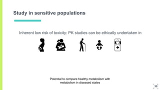 Study in sensitive populations
Inherent low risk of toxicity: PK studies can be ethically undertaken in
Potential to compare healthy metabolism with
metabolism in diseased states
30
 