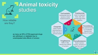 Animal toxicity
How reliable
are they?
studies Thalidomide
tests in pregnant
mice, rats, and
guinea pigs were
negative.
1
2
Fenclofenac
No animal toxicity
in 10 species.
Severe liver
toxicity in humans
4
Troglitazone
Safe in rats,
severe liver failure
in humans.
3
Phenylbutazone
Bone marrow
toxicity, phototox &
liver tox only in
humans
6
Cerivastatin
substantial risk for
severe or fatal
rhabdomyolysis.
5
Cisapride
Heart rhythm
disturbances in
trials, but not in
animal studiesas many as 50% of FDA-approved drugs
are withdrawn or relabeled due to
unanticipated side effects in humans
8
 