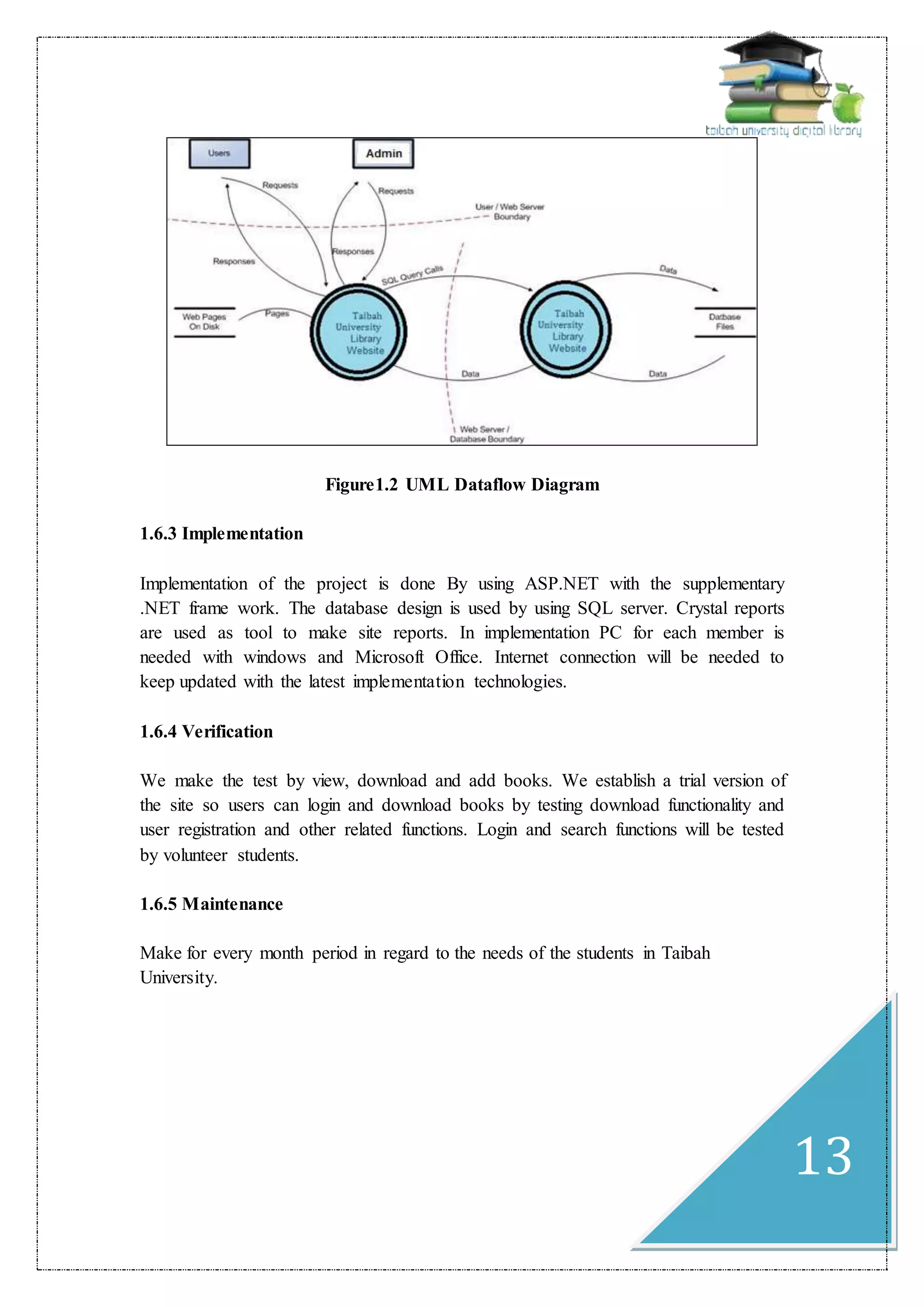 13
Figure1.2 UML Dataflow Diagram
1.6.3 Implementation
Implementation of the project is done By using ASP.NET with the supplementary
.NET frame work. The database design is used by using SQL server. Crystal reports
are used as tool to make site reports. In implementation PC for each member is
needed with windows and Microsoft Office. Internet connection will be needed to
keep updated with the latest implementation technologies.
1.6.4 Verification
We make the test by view, download and add books. We establish a trial version of
the site so users can login and download books by testing download functionality and
user registration and other related functions. Login and search functions will be tested
by volunteer students.
1.6.5 Maintenance
Make for every month period in regard to the needs of the students in Taibah
University.
 
