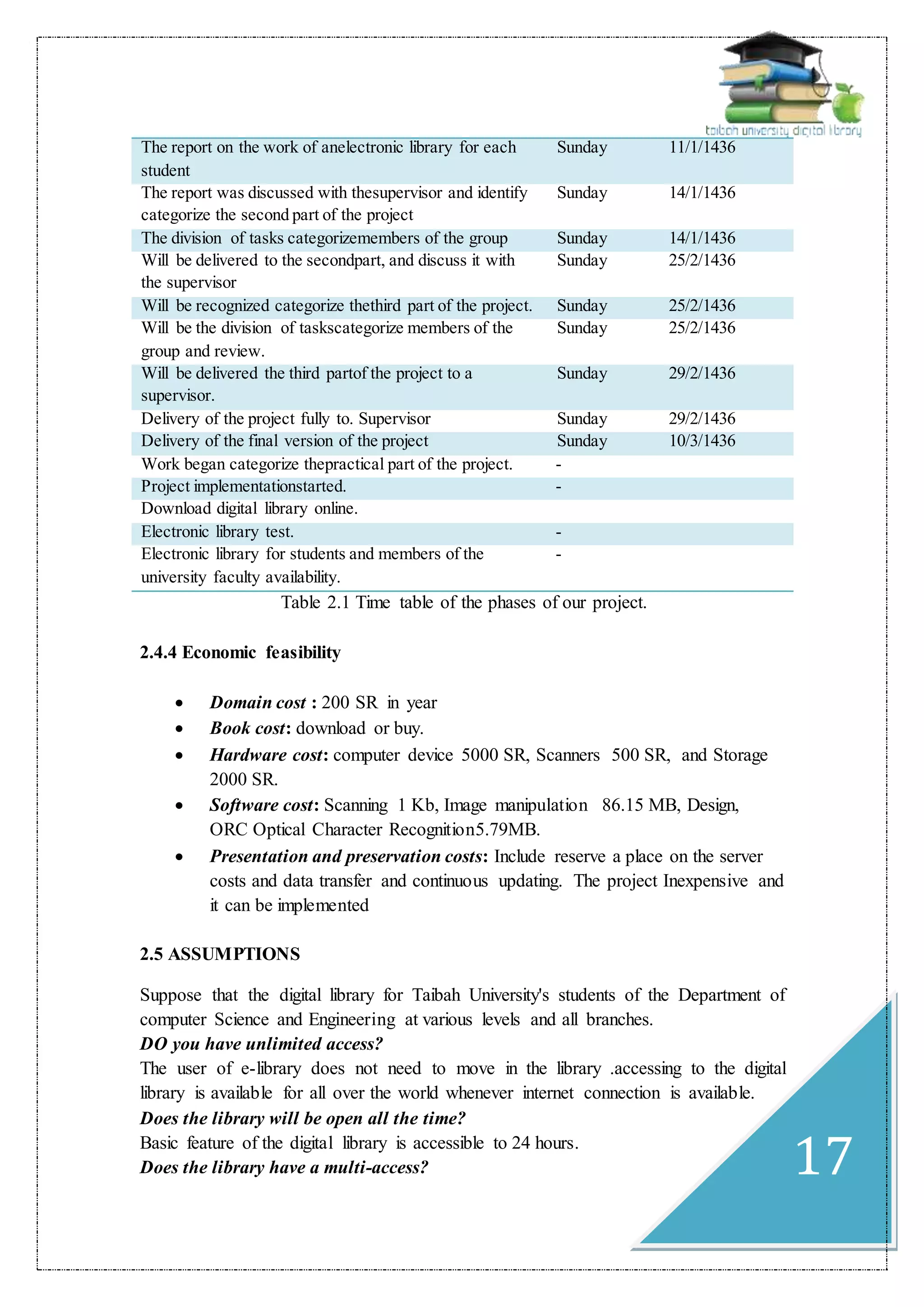17
11/1/1436SundayThe report on the work of anelectronic library for each
student
14/1/1436SundayThe report was discussed with thesupervisor and identify
categorize the second part of the project
14/1/1436SundayThe division of tasks categorizemembers of the group
25/2/1436SundayWill be delivered to the secondpart, and discuss it with
the supervisor
25/2/1436SundayWill be recognized categorize thethird part of the project.
25/2/1436SundayWill be the division of taskscategorize members of the
group and review.
29/2/1436SundayWill be delivered the third partof the project to a
supervisor.
29/2/1436SundayDelivery of the project fully to. Supervisor
10/3/1436SundayDelivery of the final version of the project
-Work began categorize thepractical part of the project.
-Project implementationstarted.
Download digital library online.
-Electronic library test.
-Electronic library for students and members of the
university faculty availability.
Table 2.1 Time table of the phases of our project.
2.4.4 Economic feasibility
 Domain cost : 200 SR in year
 Book cost: download or buy.
 Hardware cost: computer device 5000 SR, Scanners 500 SR, and Storage
2000 SR.
 Software cost: Scanning 1 Kb, Image manipulation 86.15 MB, Design,
ORC Optical Character Recognition5.79MB.
 Presentation and preservation costs: Include reserve a place on the server
costs and data transfer and continuous updating. The project Inexpensive and
it can be implemented
2.5 ASSUMPTIONS
Suppose that the digital library for Taibah University's students of the Department of
computer Science and Engineering at various levels and all branches.
DO you have unlimited access?
The user of e-library does not need to move in the library .accessing to the digital
library is available for all over the world whenever internet connection is available.
Does the library will be open all the time?
Basic feature of the digital library is accessible to 24 hours.
Does the library have a multi-access?
 