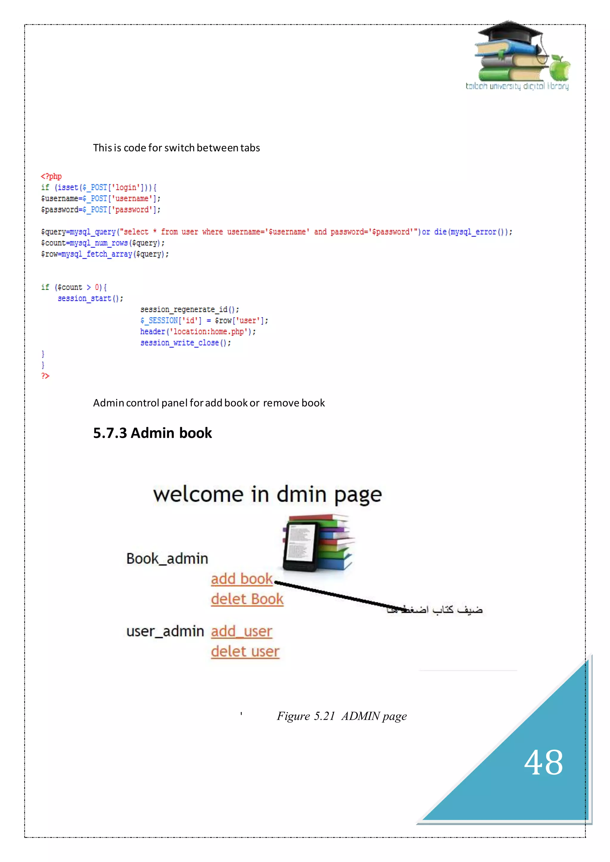 48
Thisis code for switchbetweentabs
Admincontrol panel foraddbookor remove book
5.7.3 Admin book
' Figure 5.21 ADMIN page
 