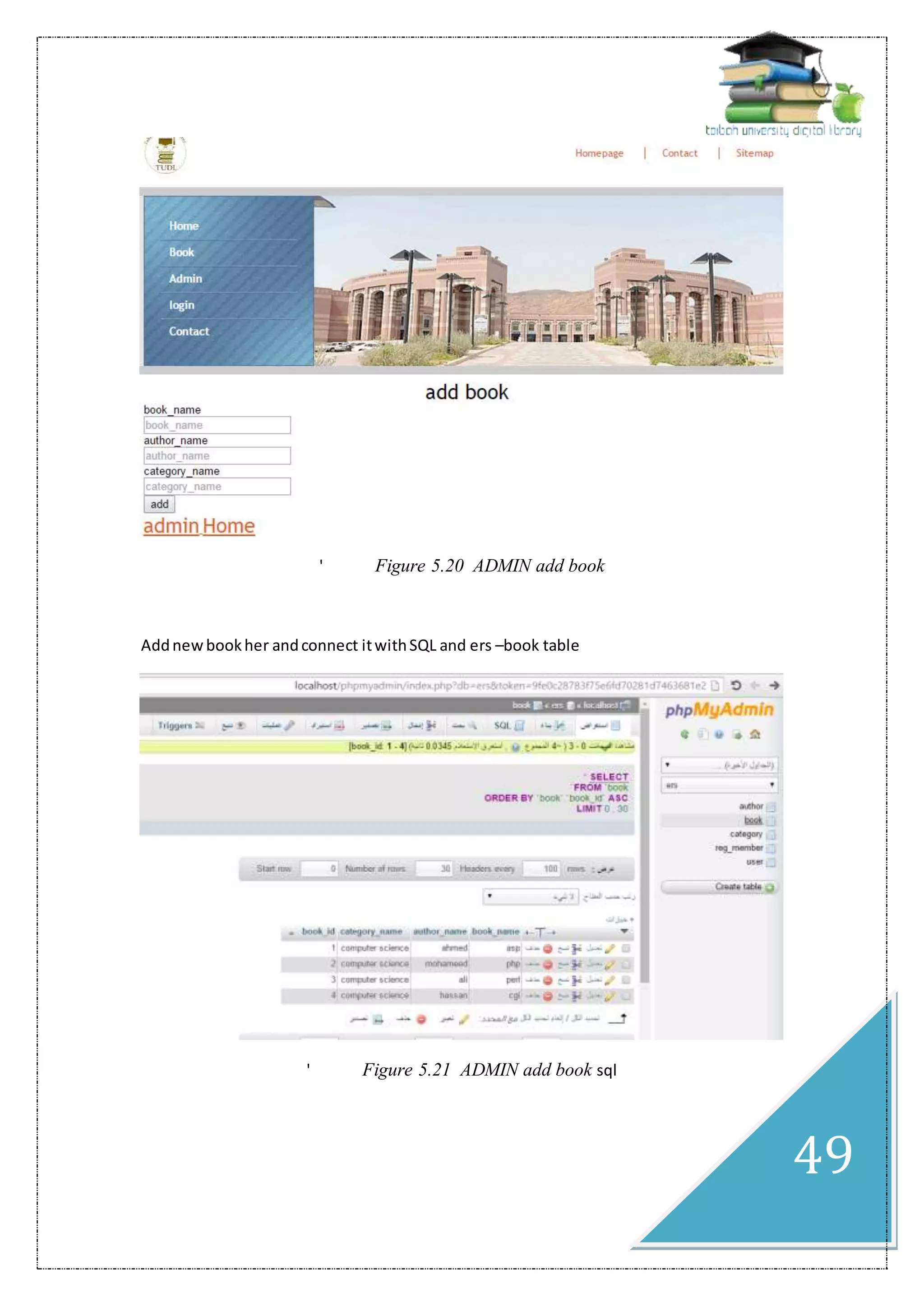 49
' Figure 5.20 ADMIN add book
Addnewbookher andconnect itwithSQL and ers –book table
' Figure 5.21 ADMIN add book sql
 