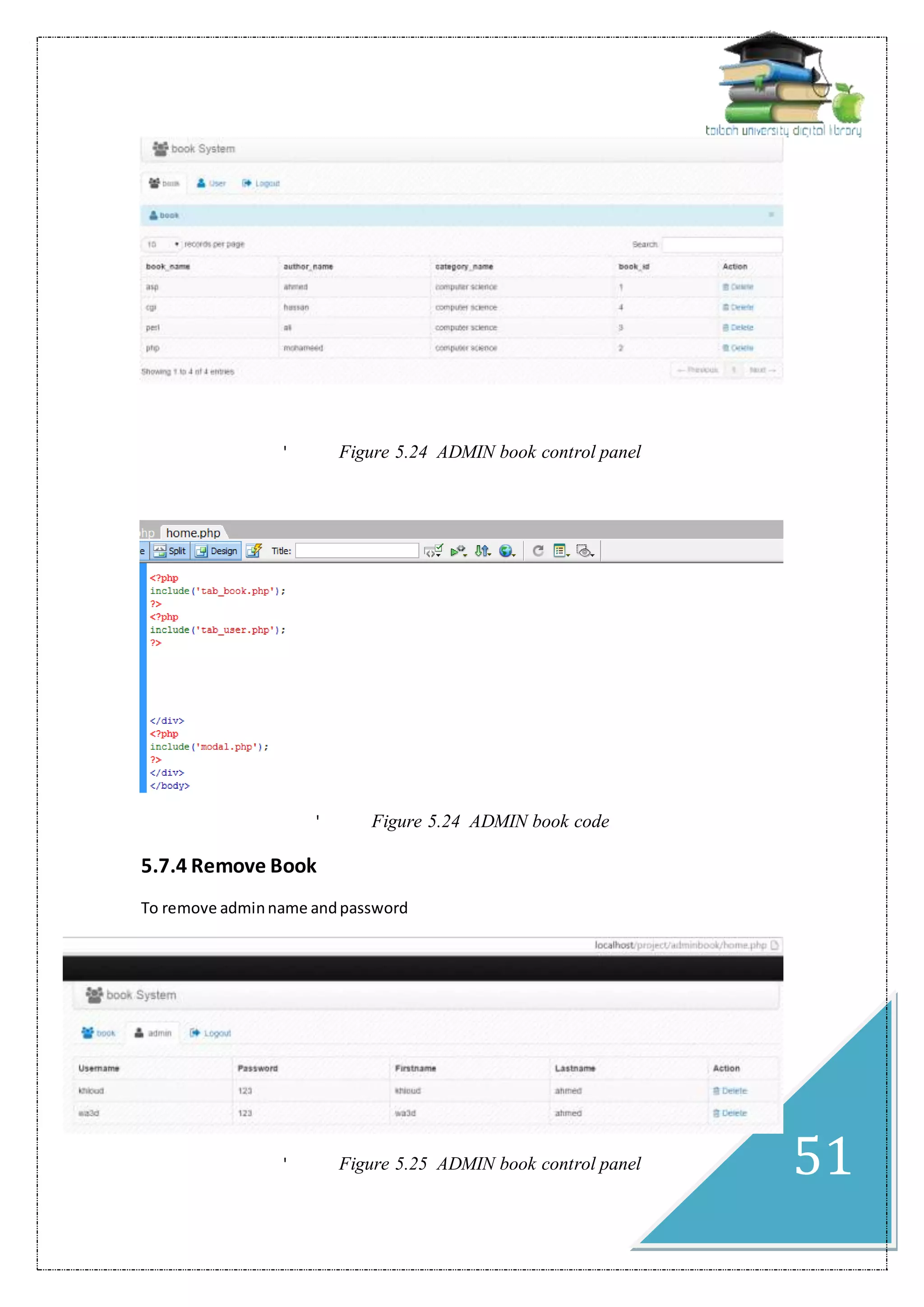 51
' Figure 5.24 ADMIN book control panel
' Figure 5.24 ADMIN book code
5.7.4 Remove Book
To remove adminname andpassword
' Figure 5.25 ADMIN book control panel
 