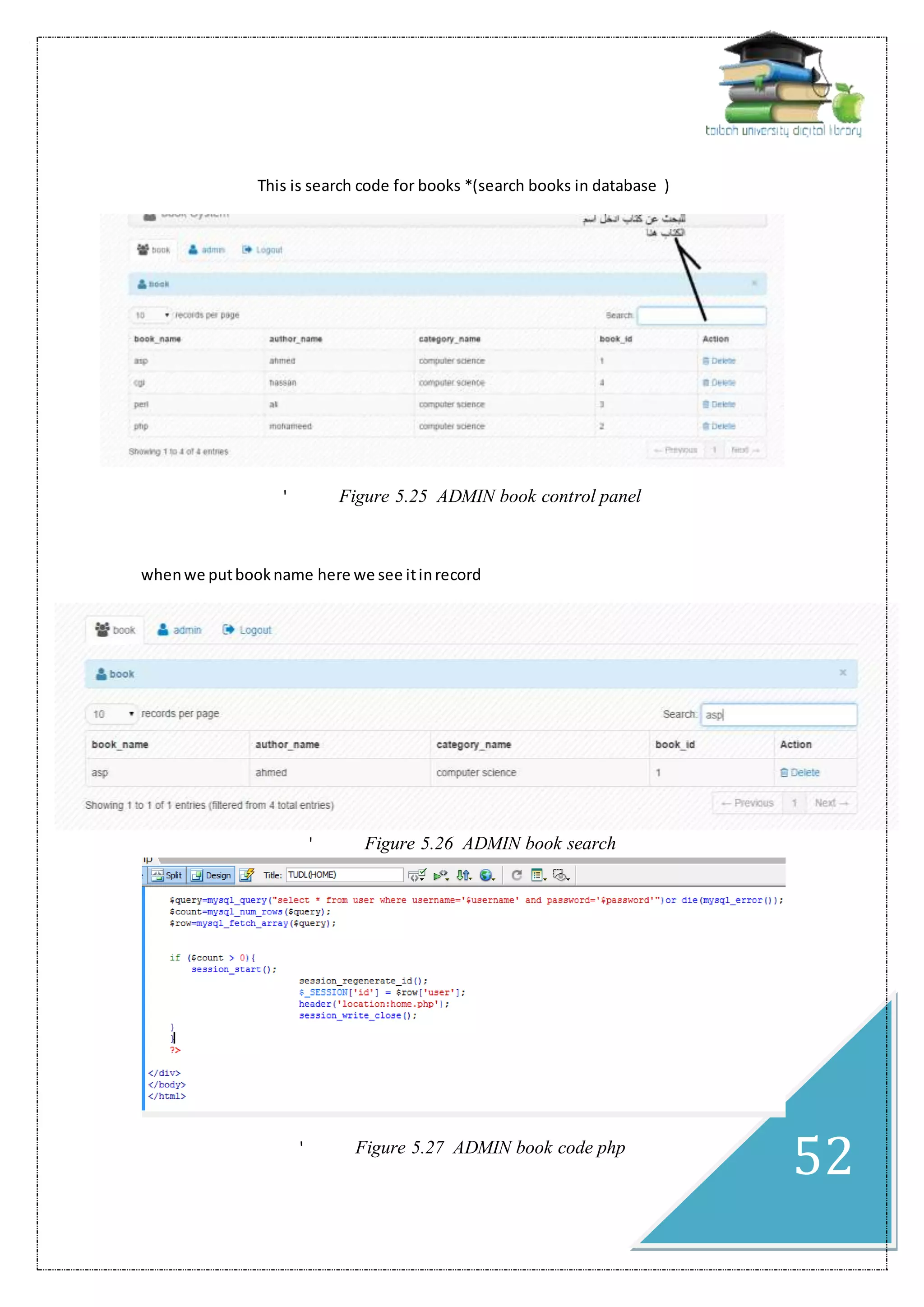 52
This is search code for books *(search books in database )
' Figure 5.25 ADMIN book control panel
whenwe putbookname here we see itinrecord
' Figure 5.26 ADMIN book search
' Figure 5.27 ADMIN book code php
 