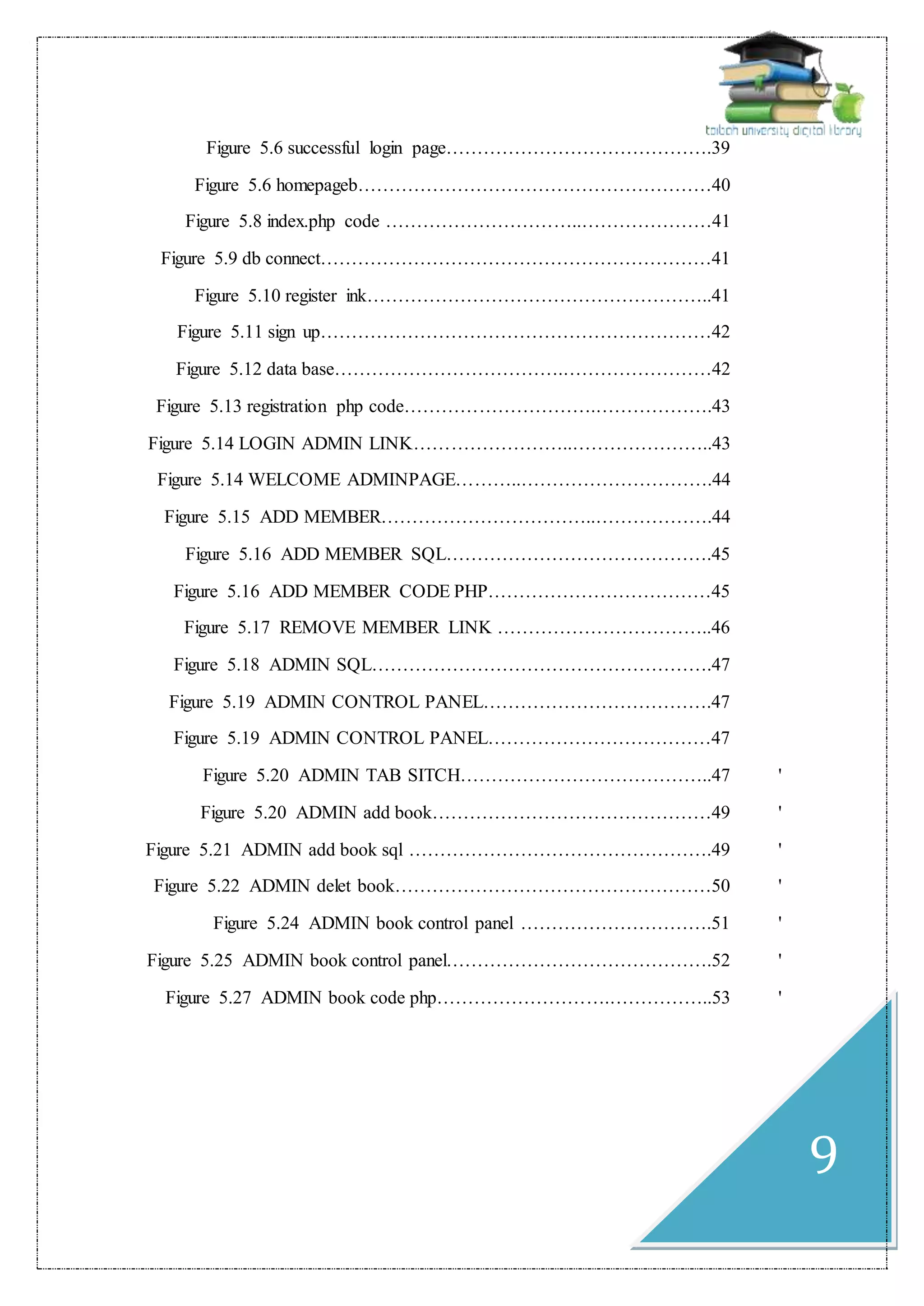 9
Figure 5.6 successful login page…………………………………….39
Figure 5.6 homepageb…………………………………………………40
Figure 5.8 index.php code …………………………..…………………41
Figure 5.9 db connect………………………………………………………41
Figure 5.10 register ink………………………………………………..41
Figure 5.11 sign up………………………………………………………42
Figure 5.12 data base……………………………….……………………42
Figure 5.13 registration php code………………………….……………….43
Figure 5.14 LOGIN ADMIN LINK……………………..…………………..43
Figure 5.14 WELCOME ADMINPAGE………..………………………….44
Figure 5.15 ADD MEMBER……………………………..……………….44
Figure 5.16 ADD MEMBER SQL…………………………………….45
Figure 5.16 ADD MEMBER CODE PHP………………………………45
Figure 5.17 REMOVE MEMBER LINK ……………………………..46
Figure 5.18 ADMIN SQL……………………………………………….47
Figure 5.19 ADMIN CONTROL PANEL……………………………….47
Figure 5.19 ADMIN CONTROL PANEL………………………………47
'Figure 5.20 ADMIN TAB SITCH…………………………………..47
'Figure 5.20 ADMIN add book………………………………………49
'Figure 5.21 ADMIN add book sql ………………………………………….49
'Figure 5.22 ADMIN delet book……………………………………………50
'Figure 5.24 ADMIN book control panel ………………………….51
'Figure 5.25 ADMIN book control panel…………………………………….52
'Figure 5.27 ADMIN book code php……………………….……………..53
 