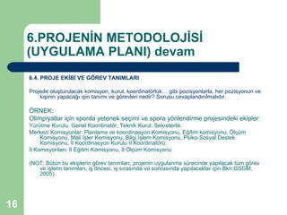 6.PROJENİN METODOLOJİSİ
     (UYGULAMA PLANI) devam
     6.4. PROJE EKİBİ VE GÖREV TANIMLARI

     Projede oluşturulacak komisyon, kurul, koordinatörlük… gibi pozisyonlarla, her pozisyonun ve
         kişinin yapacağı işin tanımı ve görevleri nedir? Sorusu cevaplandırılmalıdır.

     ÖRNEK:
     Olimpiyatlar için sporda yetenek seçimi ve spora yönlendirme projesindeki ekipler:
     Yürütme Kurulu, Genel Koordinatör, Teknik Kurul, Sekreterlik.
     Merkezi Komisyonlar: Planlama ve koordinasyon Komisyonu, Eğitim komisyonu, Ölçüm
          Komisyonu, Mali İşler Komisyonu, Bilgi İşlem Komisyonu, Psiko-Sosyal Destek
          Komisyonu, İl Koordinasyon Kurulu İl Koordinatörü.
     İl Komisyonları: İl Eğitim Komisyonu, İl Ölçüm Komisyonu

     (NOT: Bütün bu ekiplerin görev tanımları, projenin uygulanma sürecinde yapılacak tüm görev
        ve işlerin tanımları, iş öncesi, iş sırasında ve sonrasında yapılacaklar için Bkn:GSGM,
        2005)




16
 