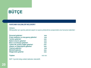BÜTÇE

     HARCAMA KALEMLERİ NELERDİR?

     ÖRNEK:
     Olimpiyatlar için sporda yetenek seçimi ve spora yönlendirme projesindeki ana harcama kalemleri:


     Personel giderleri                                    xxx
     Proje malzeme ve araç-gereç giderleri                 xxx
     Tanıtım giderleri                                     xxx
     Bakım-onarım giderleri                                xxx
     Büro ve kırtasiye giderleri                           xxx
     Tedavi-ilk yardım,sağlık giderleri                    xxx
     Ulaşım ve haberleşme giderleri                        xxx
     Yiyecek giderleri                                     xxx
     Muhtelif giderler                                     xxx
     Olağanüstü giderler                                   xxx

     Toplam                                              xxx xxx

     NOT: Ayrıntılı bütçe ekteki tablodan izlenebilİr.


20
 