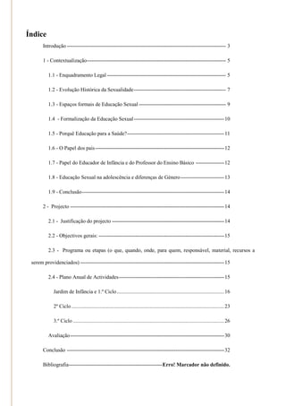 Índice
       Introdução ----------------------------------------------------------------------------------------------- 3

       1 - Contextualização ----------------------------------------------------------------------------------- 5

          1.1 - Enquadramento Legal ----------------------------------------------------------------------- 5

          1.2 - Evolução Histórica da Sexualidade ------------------------------------------------------- 7

          1.3 - Espaços formais de Educação Sexual ---------------------------------------------------- 9

          1.4 - Formalização da Educação Sexual ------------------------------------------------------ 10

          1.5 - Porquê Educação para a Saúde? ---------------------------------------------------------- 11

          1.6 - O Papel dos pais ----------------------------------------------------------------------------- 12

          1.7 - Papel do Educador de Infância e do Professor do Ensino Básico ----------------- 12

          1.8 - Educação Sexual na adolescência e diferenças de Género -------------------------- 13

          1.9 - Conclusão ------------------------------------------------------------------------------------- 14

       2 - Projecto -------------------------------------------------------------------------------------------- 14

          2.1 - Justificação do projecto ------------------------------------------------------------------- 14

          2.2 - Objectivos gerais: --------------------------------------------------------------------------- 15

          2.3 - Programa ou etapas (o que, quando, onde, para quem, responsável, material, recursos a

 serem providenciados) -------------------------------------------------------------------------------------- 15

          2.4 - Plano Anual de Actividades --------------------------------------------------------------- 15

             Jardim de Infância e 1.º Ciclo ................................................................................. 16

             2º Ciclo ................................................................................................................... 23

             3.º Ciclo .................................................................................................................. 26

          Avaliação -------------------------------------------------------------------------------------------- 30

       Conclusão ---------------------------------------------------------------------------------------------- 32

       Bibliografia-------------------------------------------------------- Erro! Marcador não definido.
 