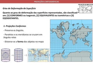 PROJEÇÕES CARTOGRÁFICAS


Grau de Deformação da Superfície
Quanto ao grau de deformação das superfícies representadas, são classificadas
em: [1] CONFORMES ou isogonais, [2] EQUIVALENTES ou isométricas e [3]
EQÜIDISTANTES.


1- Projeções Conformes
- Preserva os ângulos.
- Paralelos e os meridianos se cruzam em
ângulos retos
- Distorce-se a forma dos objetos no mapa
 