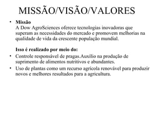 MISSÃO/VISÃO/VALORES
• Missão
  A Dow AgroSciences oferece tecnologias inovadoras que
  superam as necessidades do mercado e promovem melhorias na
  qualidade de vida da crescente população mundial.

  Isso é realizado por meio do:
• Controle responsável de pragas.Auxílio na produção de
  suprimento de alimentos nutritivos e abundantes.
• Uso de plantas como um recurso agrícola renovável para produzir
  novos e melhores resultados para a agricultura.
 